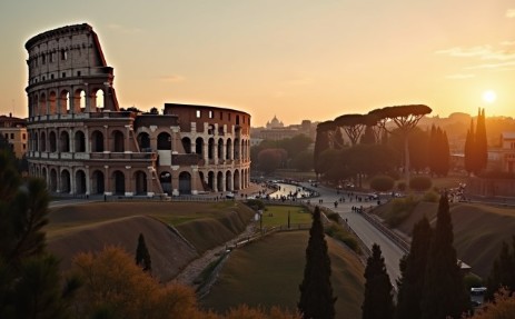 Vista panoramica di Roma con il  Colosseo al tramonto